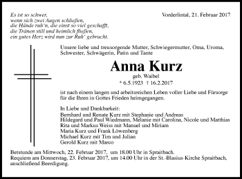 Traueranzeige von Anna Kurz von Gmünder Tagespost