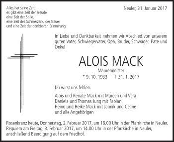 Traueranzeige von Alois Mack von Schwäbische Post