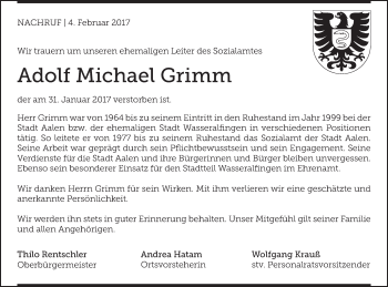 Traueranzeige von Adolf Michael Grimm von Schwäbische Post