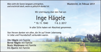 Traueranzeige von Inge Hägele von Gmünder Tagespost