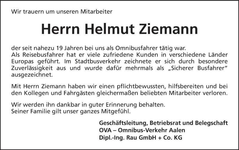  Traueranzeige für Helmut Ziemann vom 24.02.2017 aus Schwäbische Post