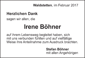 Traueranzeige von Irene Böhner von Gmünder Tagespost