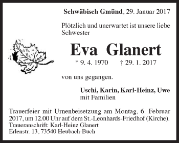 Traueranzeige von Eva Glanert von Gmünder Tagespost