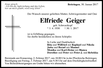 Traueranzeige von Elfriede Geiger von Gmünder Tagespost