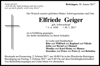 Traueranzeige von Elfriede Geiger