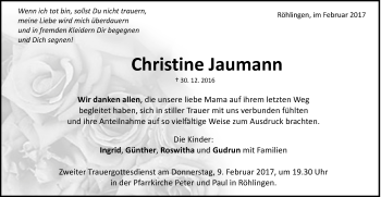 Traueranzeige von Christine Jaumann von Schwäbische Post