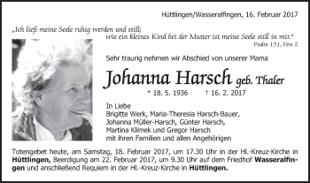 Traueranzeige von Johanna Harsch von Schwäbische Post