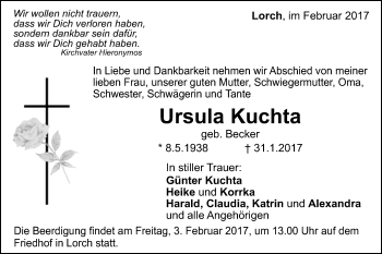 Traueranzeige von Ursula Kuchta von Gmünder Tagespost