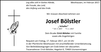 Traueranzeige von Josef Bölstler von Schwäbische Post