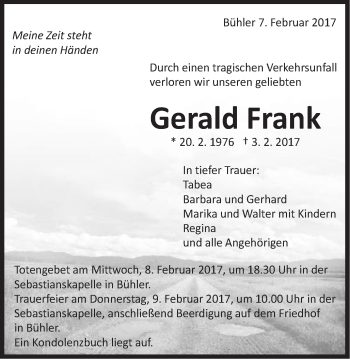 Traueranzeige von Gerald Frank von Schwäbische Post
