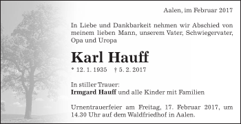 Traueranzeige von Karl Hauff von Schwäbische Post