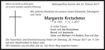 Traueranzeige von Margarete Kretschmer von Schwäbische Post
