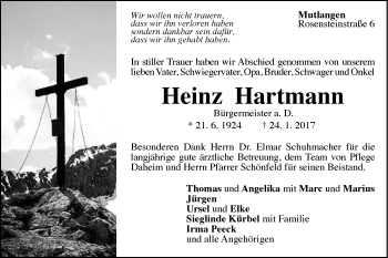 Traueranzeige von Heinz Hartmann von Gmünder Tagespost