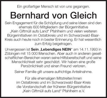 Traueranzeige von Bernhard von Gleich von Schwäbische Post