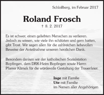Traueranzeige von Roland Frosch von Bopfinger Stadtanzeiger