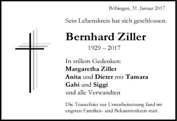Traueranzeige von Bernhard Ziller von Gmünder Tagespost