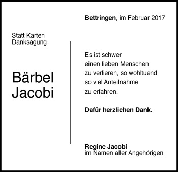 Traueranzeige von Bärbel Jacobi von Gmünder Tagespost