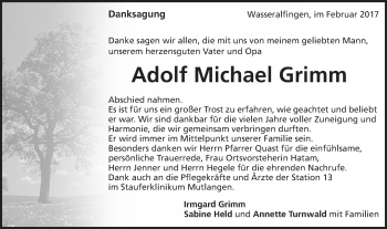 Traueranzeige von Adolf Michael Grimm von Schwäbische Post