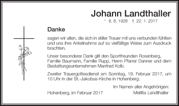 Traueranzeige von Johann Landthaller von Schwäbische Post