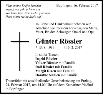 Traueranzeige von Günter Rössler von Schwäbische Post