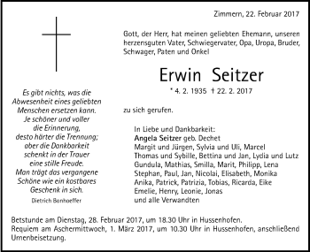 Traueranzeige von Erwin Seitzer von Gmünder Tagespost