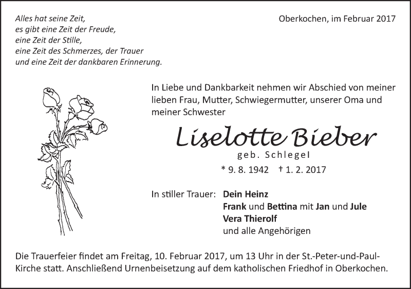  Traueranzeige für Liselotte Bieber vom 08.02.2017 aus Schwäbische Post