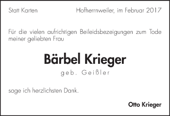 Traueranzeige von Bärbel Krieger von Schwäbische Post