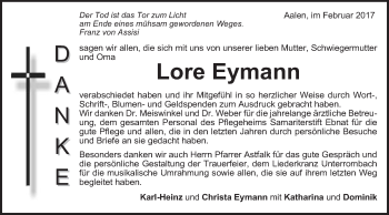 Traueranzeige von Lore Eymann von Schwäbische Post