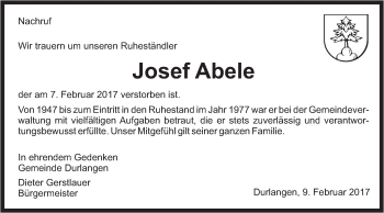 Traueranzeige von Josef Abele von Gmünder Tagespost