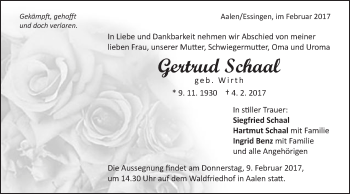 Traueranzeige von Gertrud Schaal von Schwäbische Post