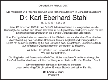 Traueranzeige von Karl Eberhard Stahl von Gmünder Tagespost
