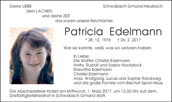 Traueranzeige von Patricia Edelmann von Gmünder Tagespost