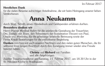 Traueranzeige von Anna Neukamm von Schwäbische Post