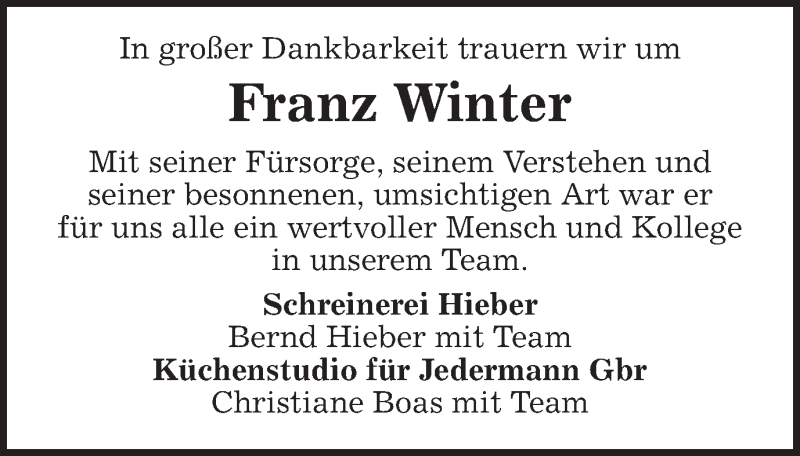  Traueranzeige für Franz Winter vom 15.02.2017 aus Schwäbische Post