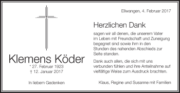 Traueranzeige von Klemens Köder von Schwäbische Post