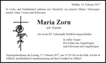 Traueranzeige von Maria Zorn  von Gmünder Tagespost