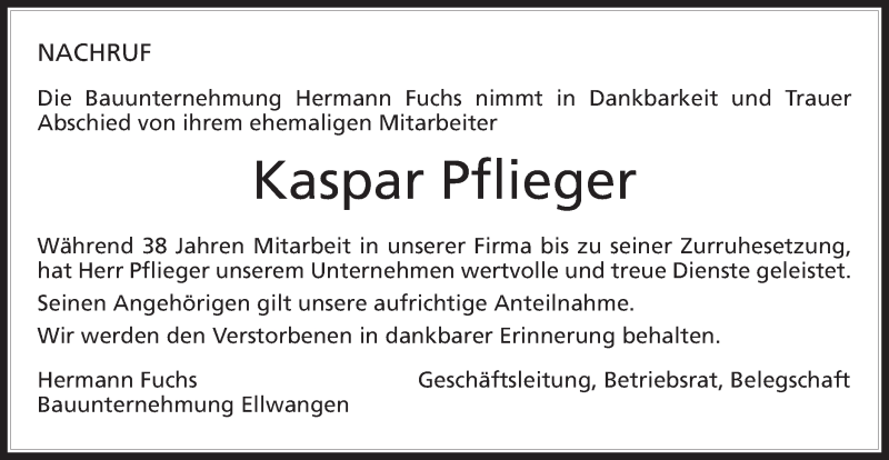  Traueranzeige für Kaspar Pflieger vom 25.02.2017 aus Schwäbische Post