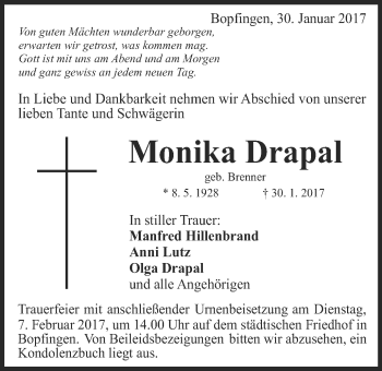 Traueranzeige von Monika Drapal von Schwäbische Post