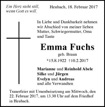 Traueranzeige von Emma Fuchs von Gmünder Tagespost