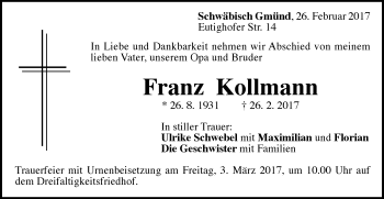Traueranzeige von Franz Kollmann von Gmünder Tagespost