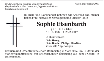 Traueranzeige von Sophie Eisenbarth von Schwäbische Post