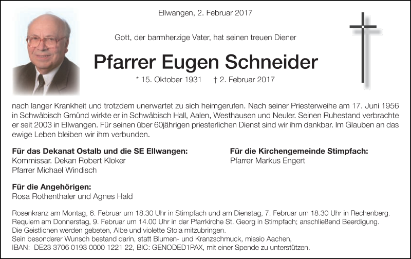  Traueranzeige für Eugen Schneider vom 04.02.2017 aus Schwäbische Post