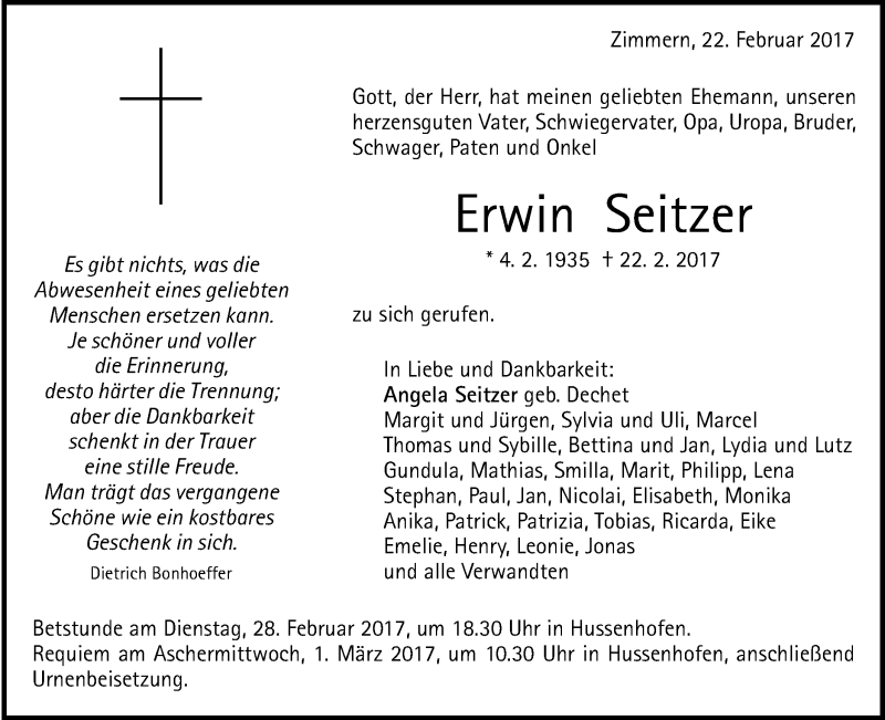  Traueranzeige für Erwin Seitzer vom 24.02.2017 aus Gmünder Tagespost