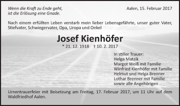 Traueranzeige von Josef Kienhöfer von Schwäbische Post