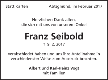 Traueranzeige von Franz Seibold von Schwäbische Post