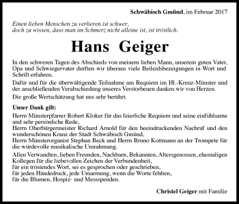 Traueranzeige von Hans Geiger von Gmünder Tagespost