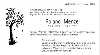 Traueranzeige von Roland Menzel von Gmünder Tagespost