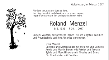 Traueranzeige von Roland Menzel