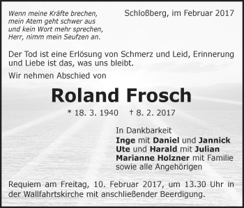 Traueranzeige von Roland Frosch von Schwäbische Post