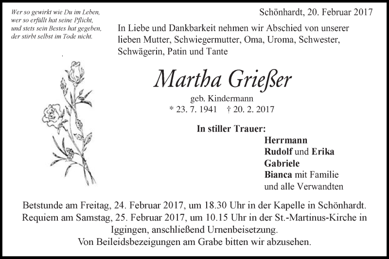  Traueranzeige für Martha Grießer vom 22.02.2017 aus Gmünder Tagespost